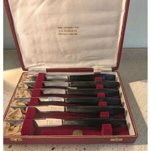 MCM Sheffield England JL Hudson 6 Steak Knife Buffalo Horn Handle Original‎ Box